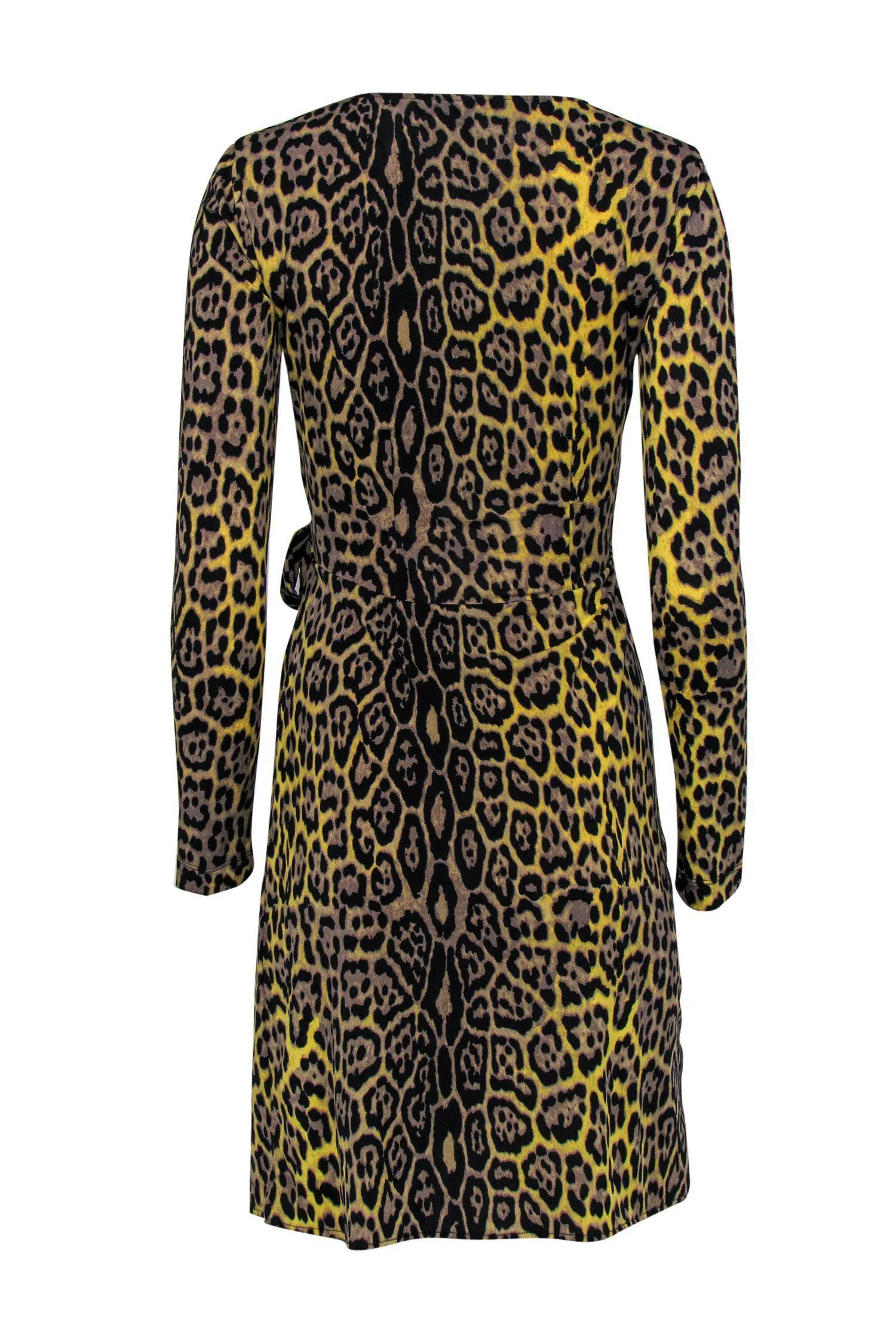 BCBG Max Azria - Tan, Black & Yellow Leopard Print Long Sleeve Wrap Dress Sz XS