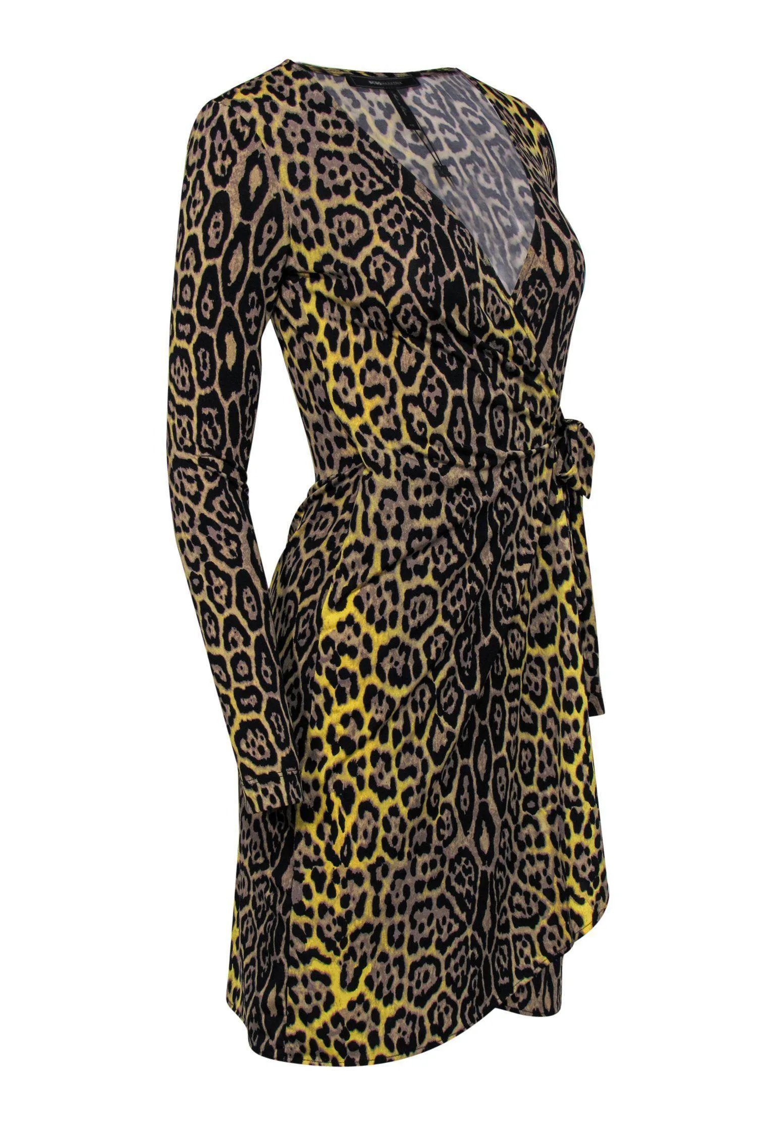 BCBG Max Azria - Tan, Black & Yellow Leopard Print Long Sleeve Wrap Dress Sz XS