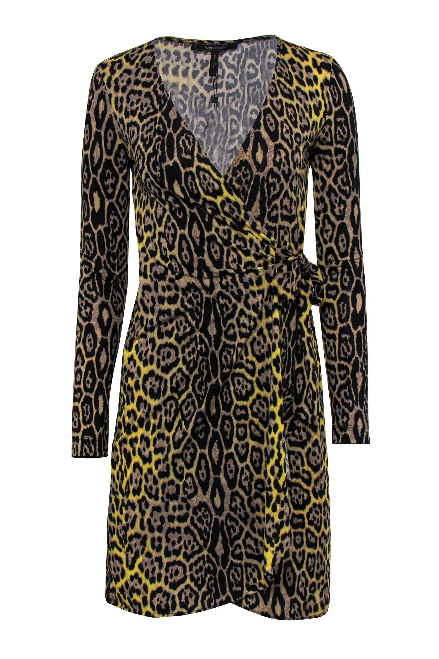 BCBG Max Azria - Tan, Black & Yellow Leopard Print Long Sleeve Wrap Dress Sz XS