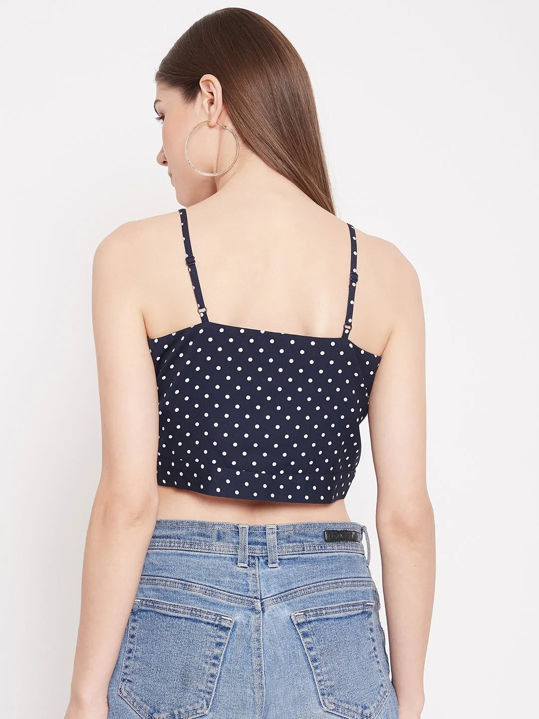 Berrylush Women Navy Blue Polka Dot Printed Crop Top