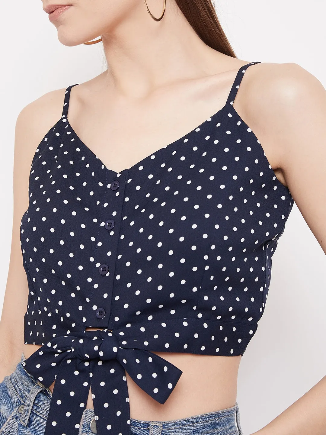 Berrylush Women Navy Blue Polka Dot Printed Crop Top