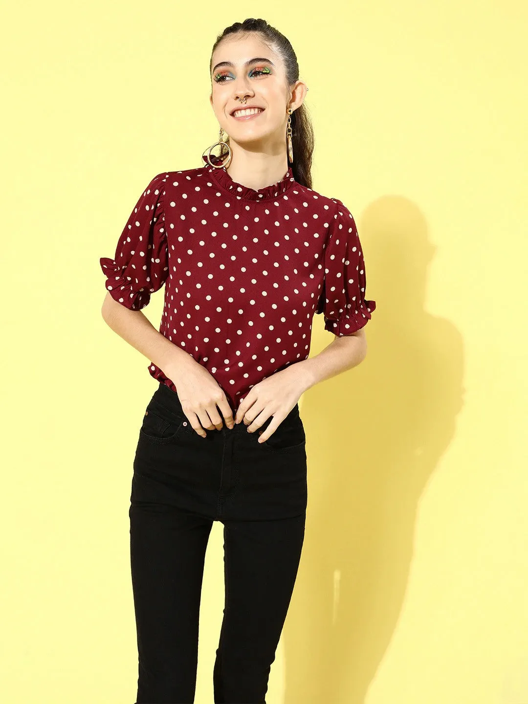 Berrylush Women Red Polka Dot Printed Crepe Regular Top