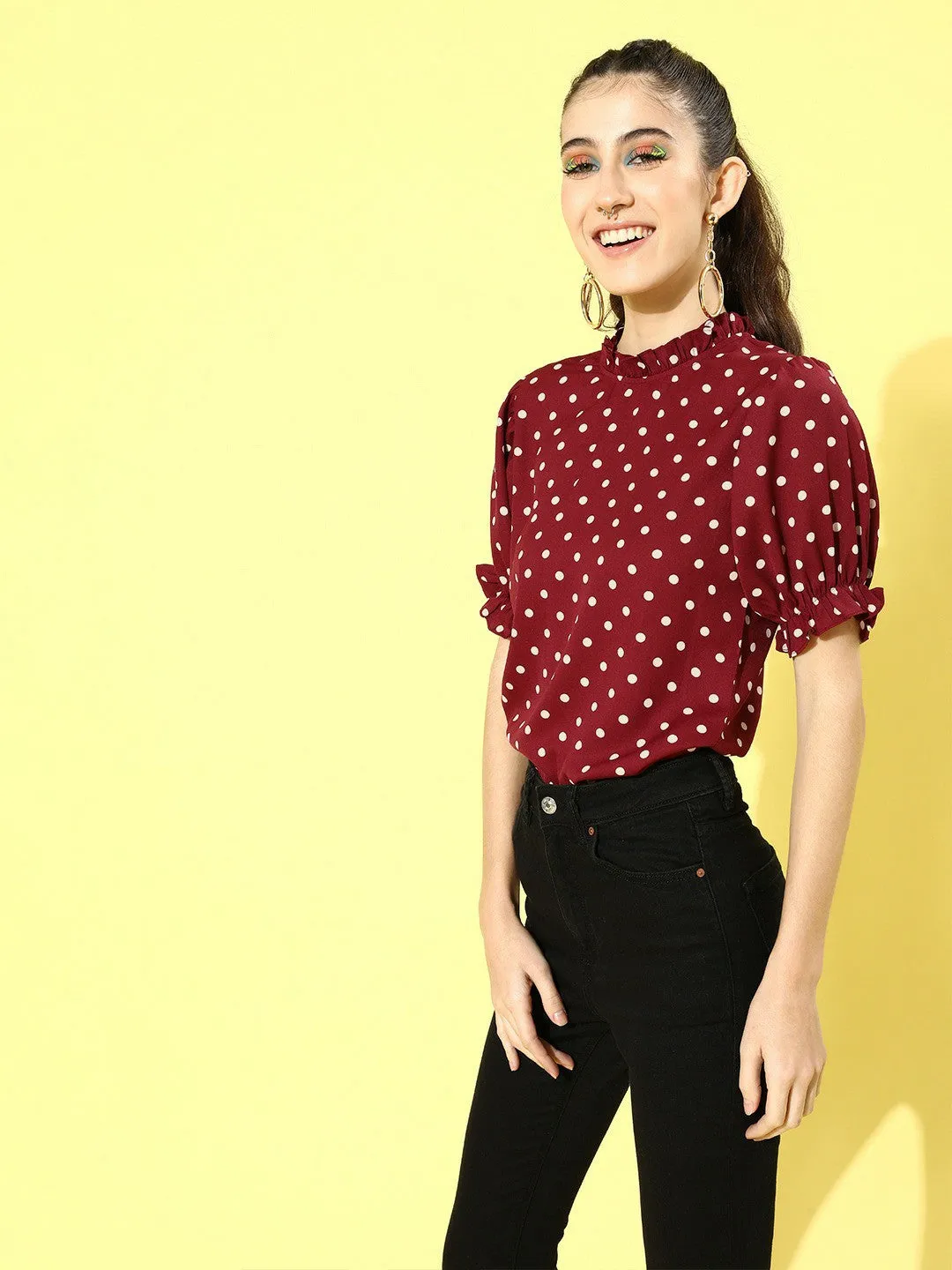 Berrylush Women Red Polka Dot Printed Crepe Regular Top