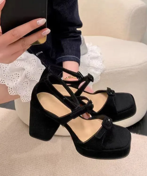 Black Sandals Chunky Heel Suede Comfy Hollow Out Sandals OI052