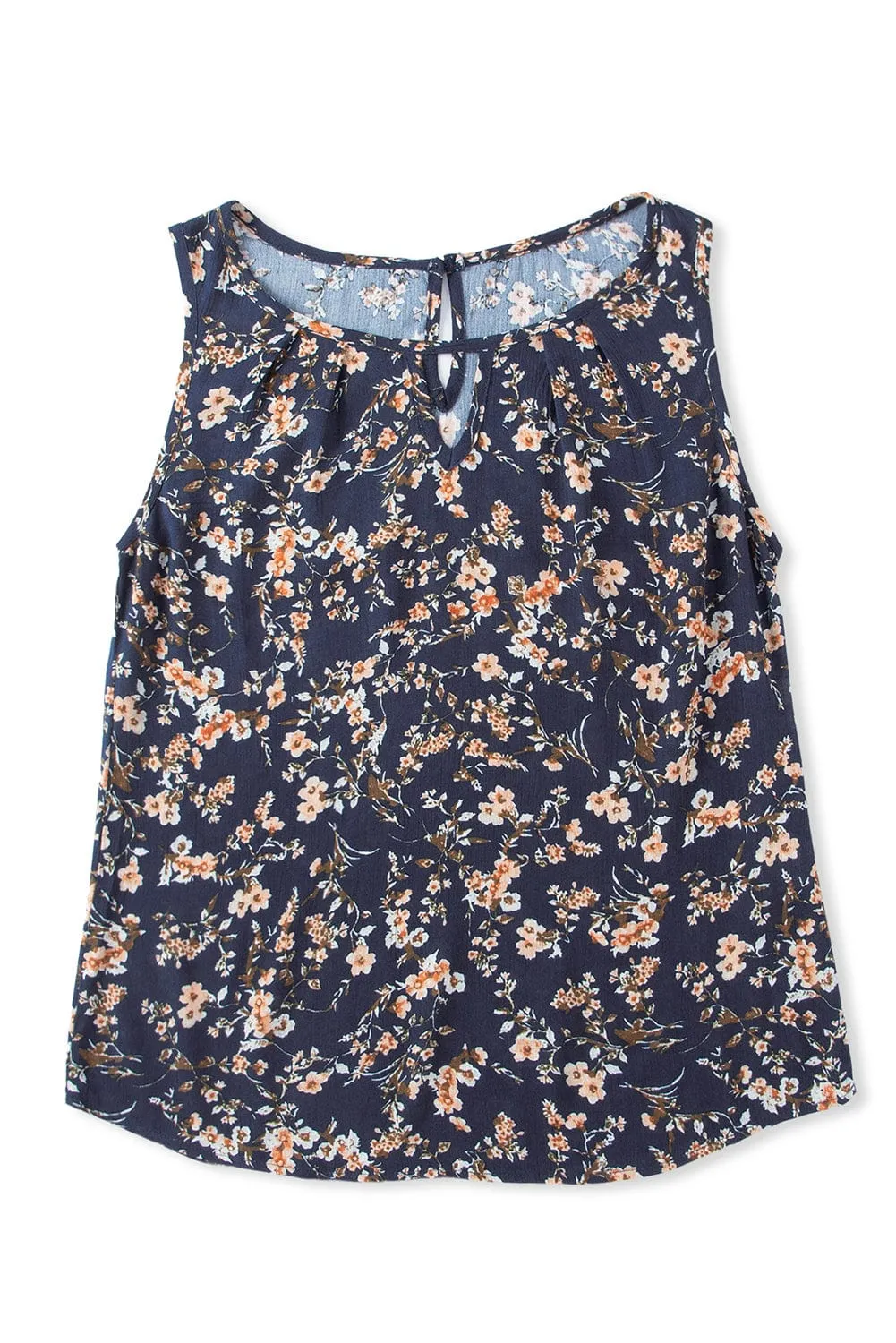 Blue Floral Cutout Sleeveless Tank Top with Round Neck