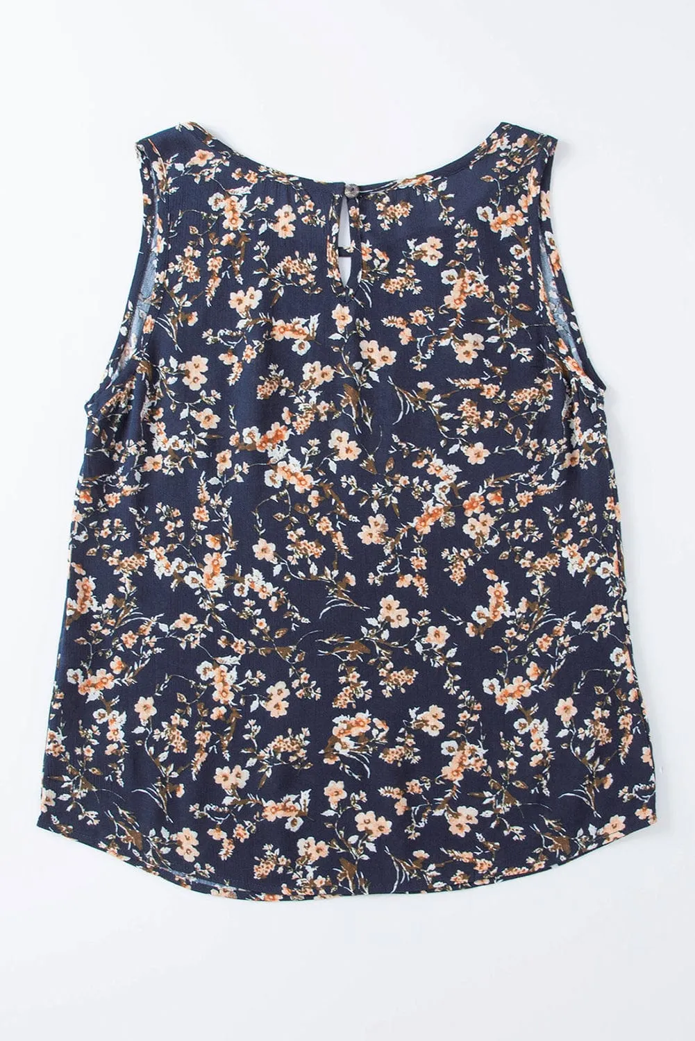 Blue Floral Cutout Sleeveless Tank Top with Round Neck