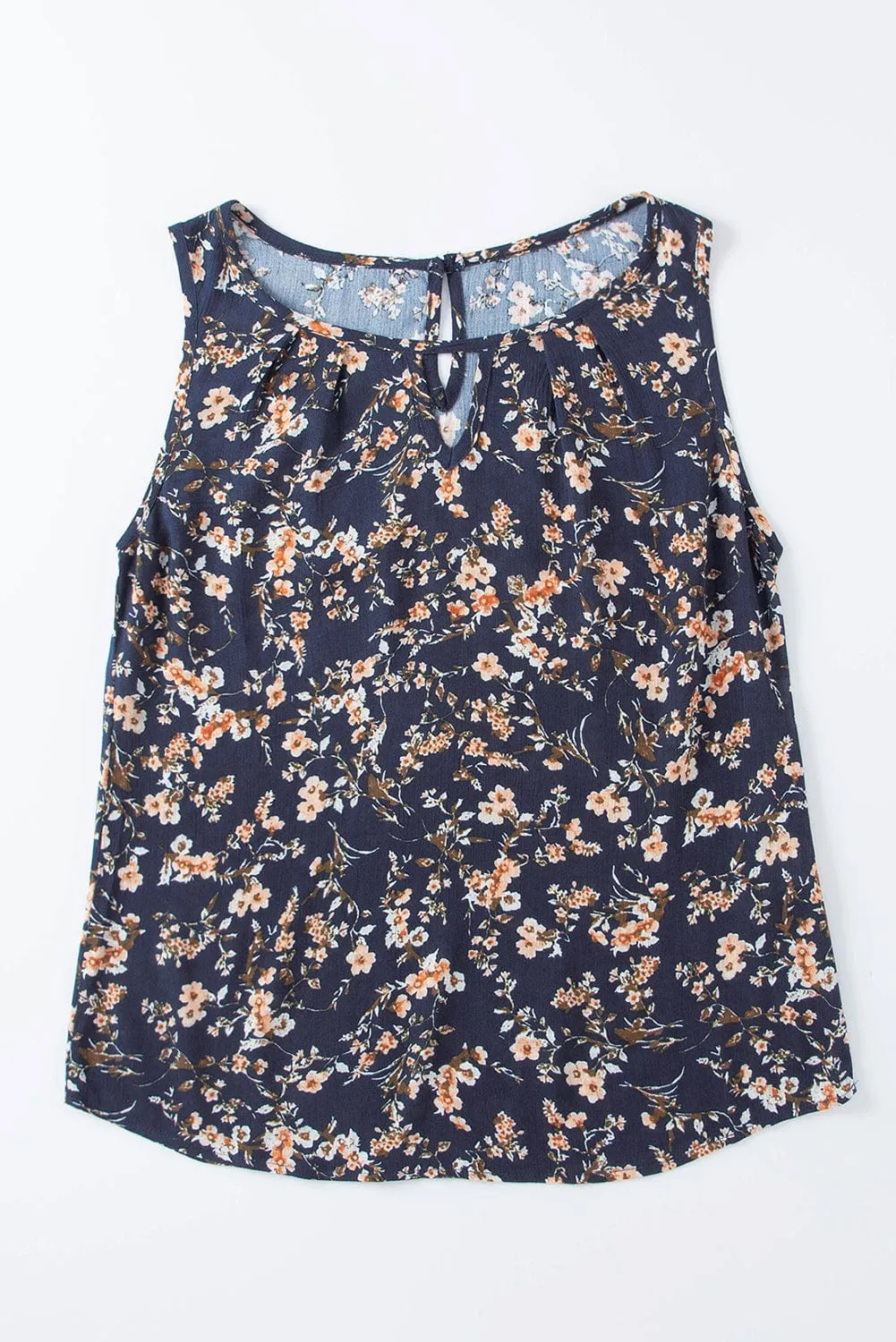 Blue Floral Cutout Sleeveless Tank Top with Round Neck