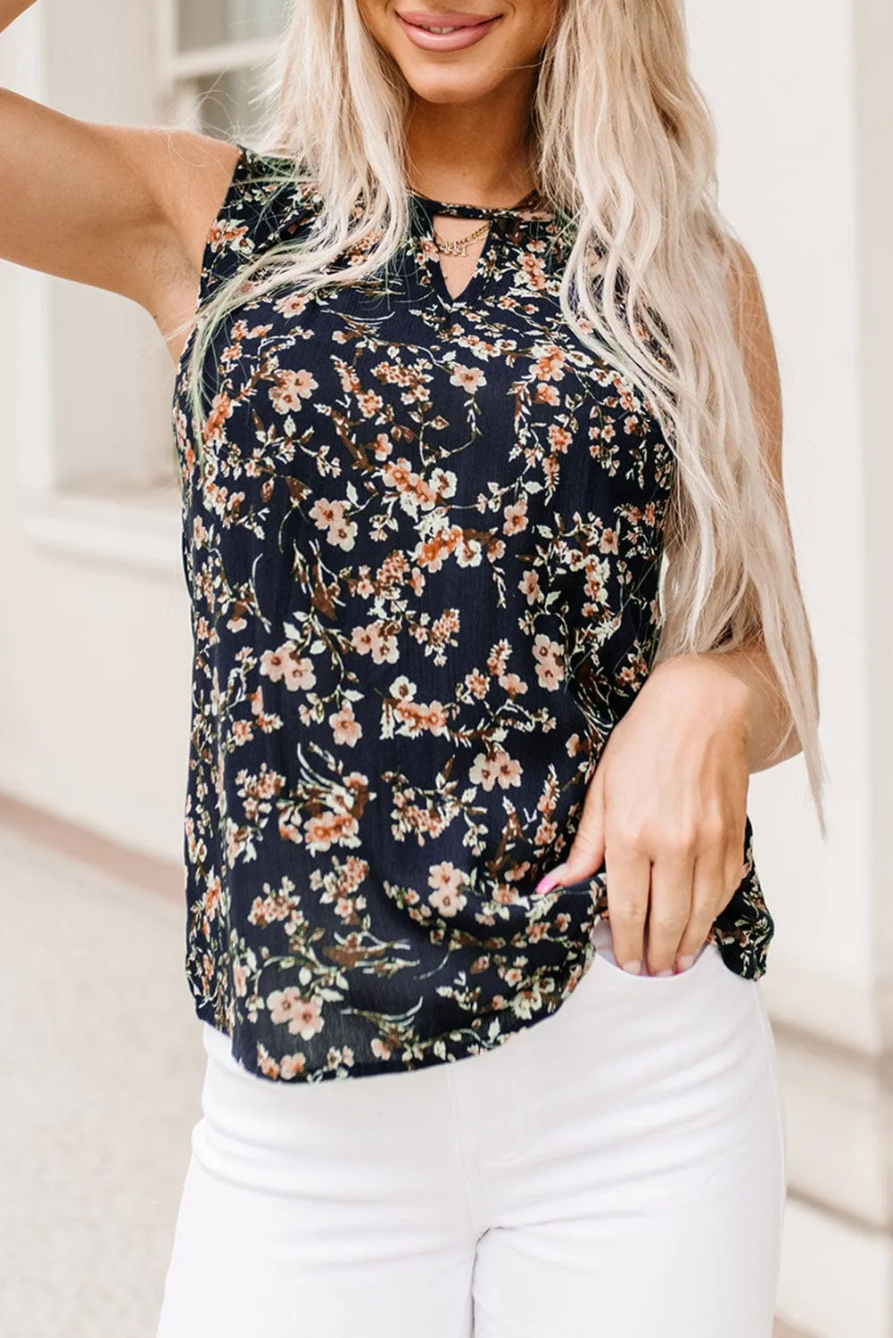 Blue Floral Cutout Sleeveless Tank Top with Round Neck