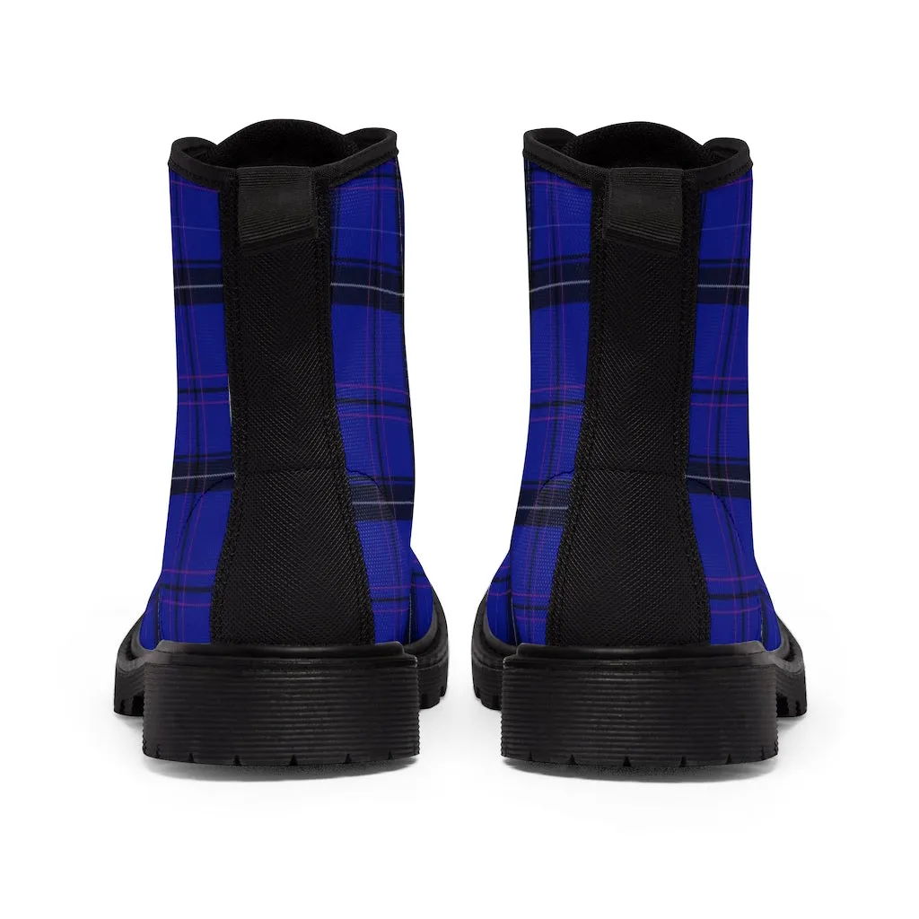 Blue Plaid Print Men's Boots, Best Blue Tartan Plaid Print Fashionable Canvas Hiking Winter Boots Laced Up Hiker Shoes For Men