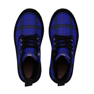 Blue Plaid Print Men's Boots, Best Blue Tartan Plaid Print Fashionable Canvas Hiking Winter Boots Laced Up Hiker Shoes For Men