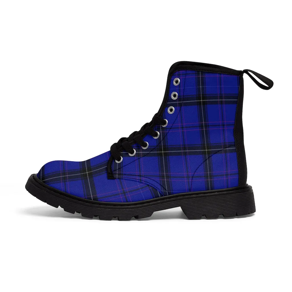 Blue Plaid Print Men's Boots, Best Blue Tartan Plaid Print Fashionable Canvas Hiking Winter Boots Laced Up Hiker Shoes For Men