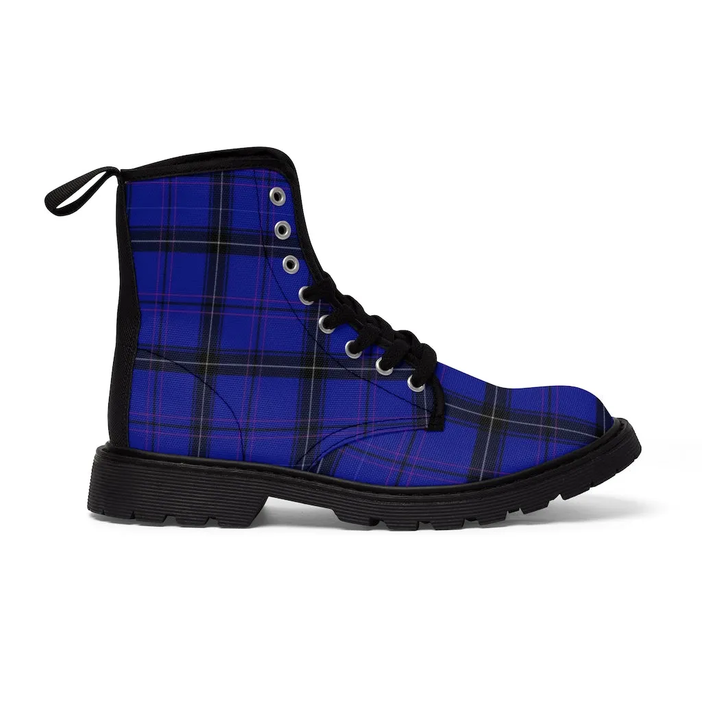 Blue Plaid Print Men's Boots, Best Blue Tartan Plaid Print Fashionable Canvas Hiking Winter Boots Laced Up Hiker Shoes For Men