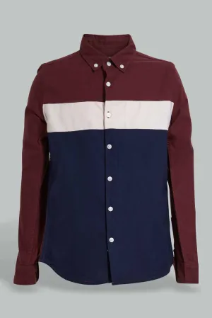 Burgundy Color Block Casual Shirt For Senior Boys