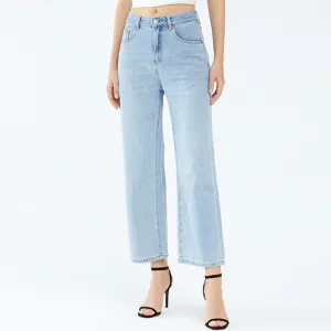 Chic Mid Waist Ankle Length Faded Wide Leg Jeans - Light Blue