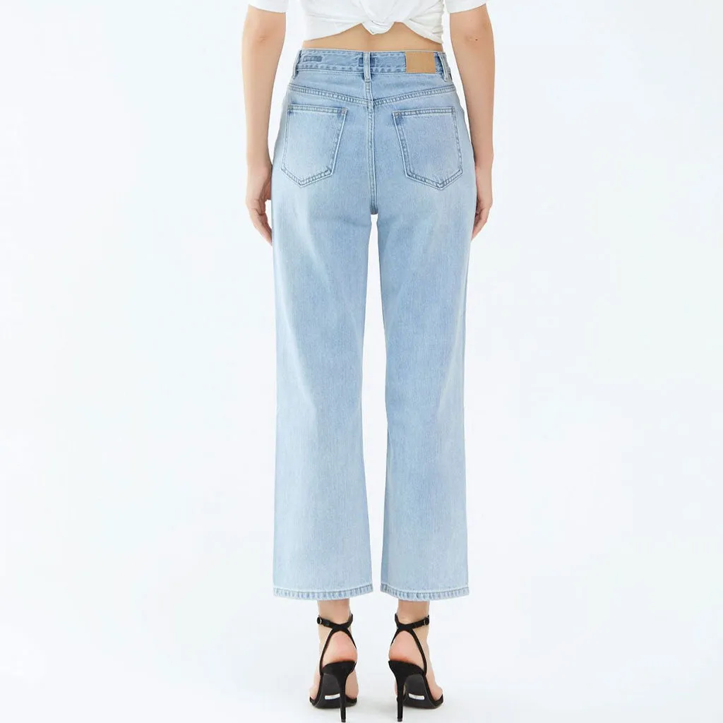 Chic Mid Waist Ankle Length Faded Wide Leg Jeans - Light Blue