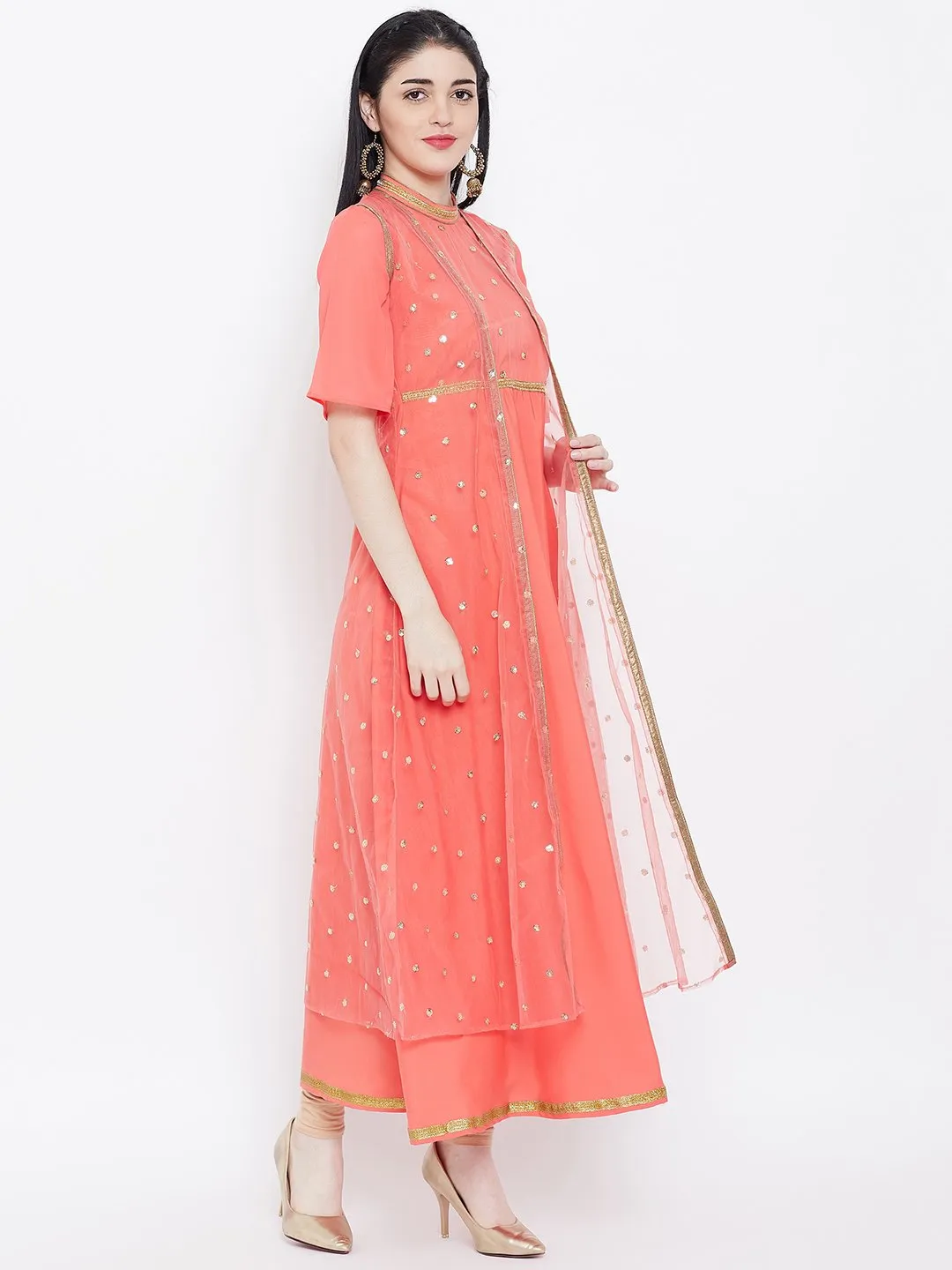 Crepe & Net Sequins Embroidered Attached Shrug Maxi Kurta