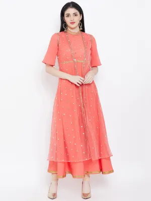 Crepe & Net Sequins Embroidered Attached Shrug Maxi Kurta