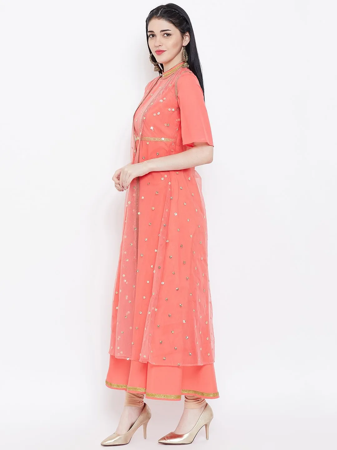 Crepe & Net Sequins Embroidered Attached Shrug Maxi Kurta