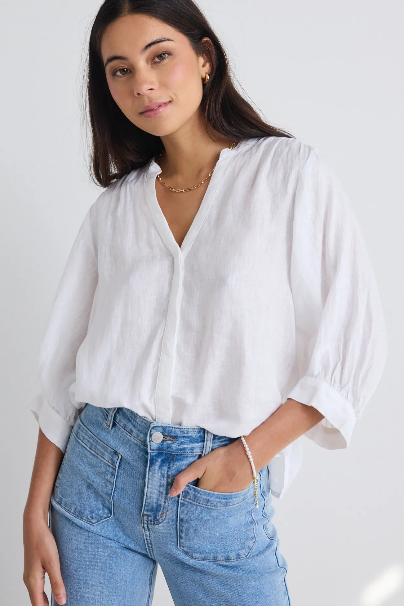 Deity White Linen Button Through Puff Sleeve Blouse