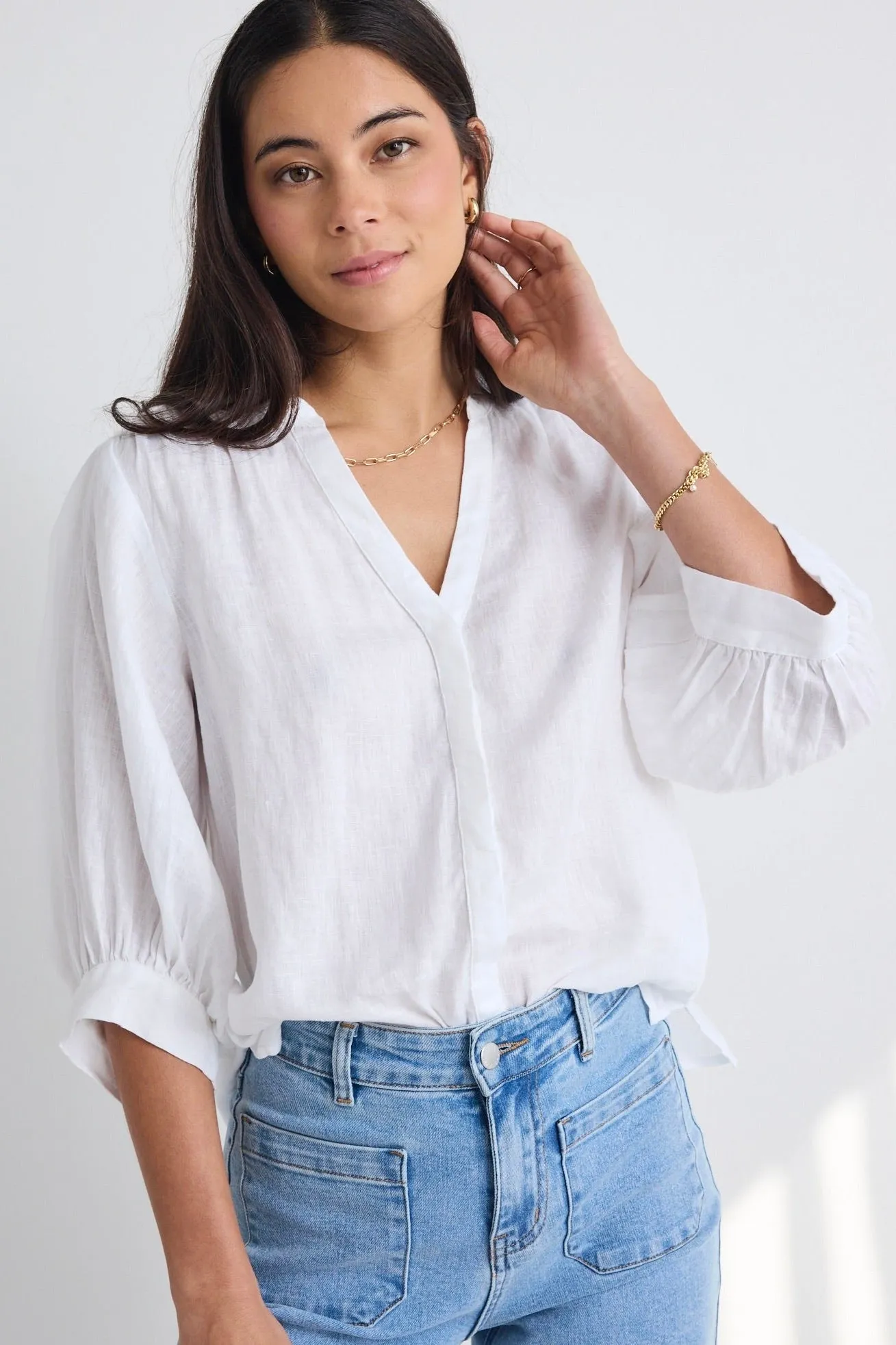 Deity White Linen Button Through Puff Sleeve Blouse