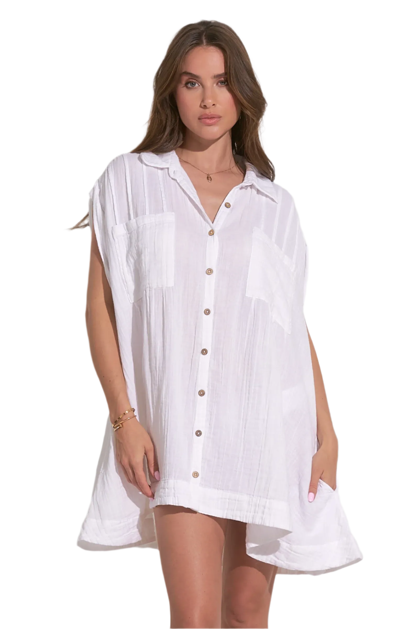 Elan Oversized Button Down Coverup Shirt Dress - White