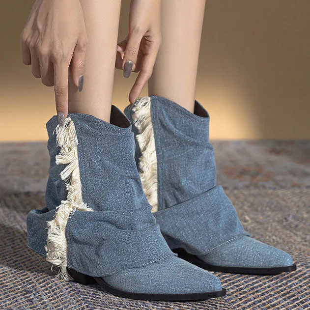 elveswallet Denim pleated fringed western boots