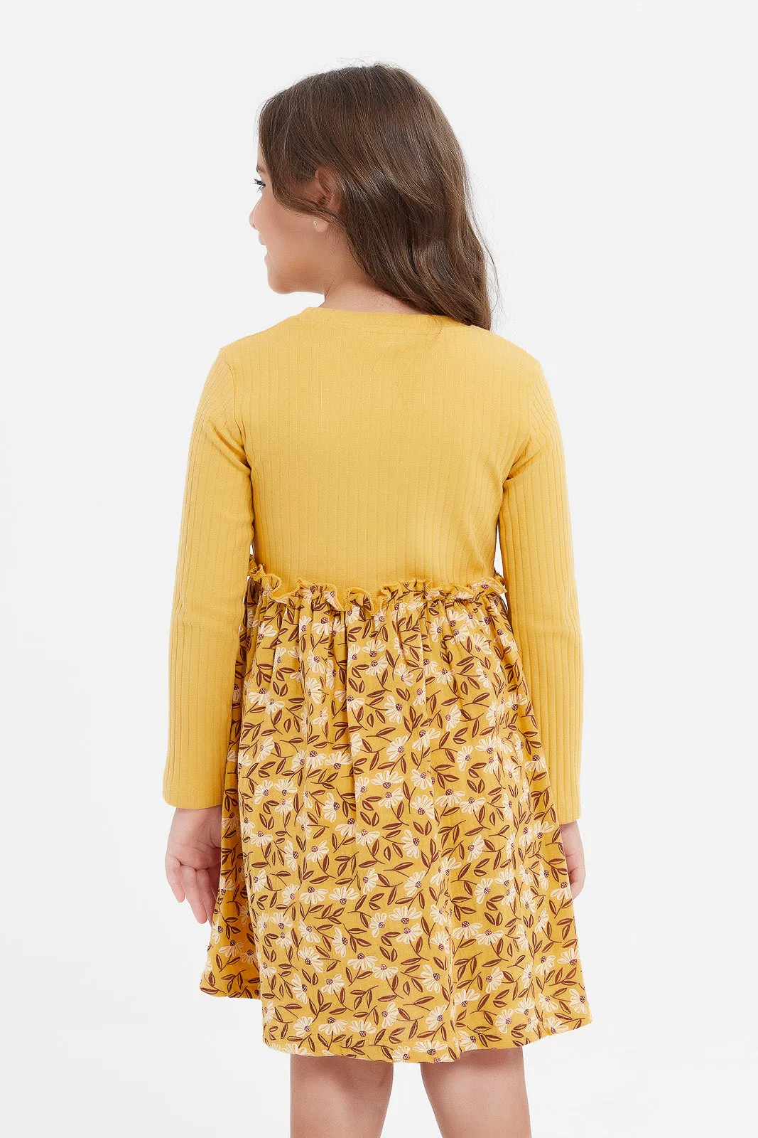 Girls Mustard Printed Dress