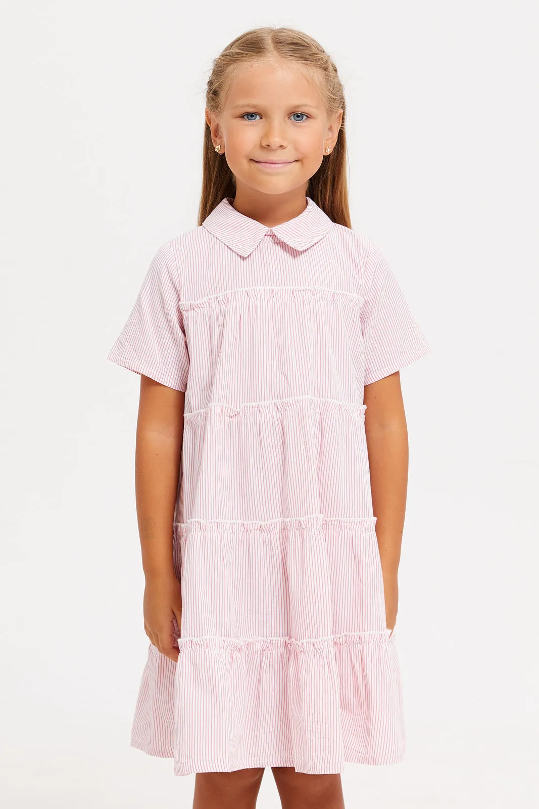 Girls Pink Collared Striped Dress