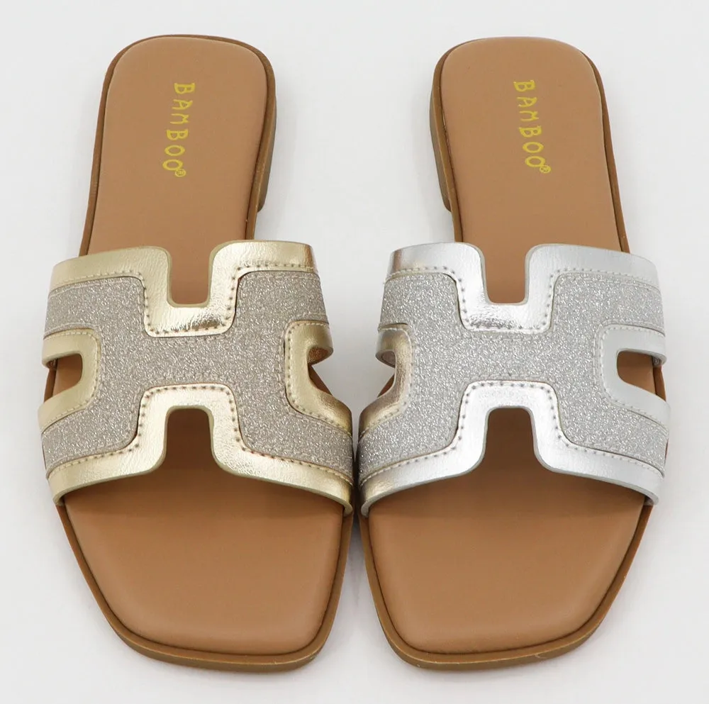 Glitter H Strap Slide Flat Sandals in Gold