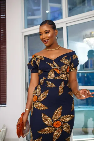 IDIA AFRICAN PRINT OFF SHOULDER MIDI DRESS [NAVY BLUE]