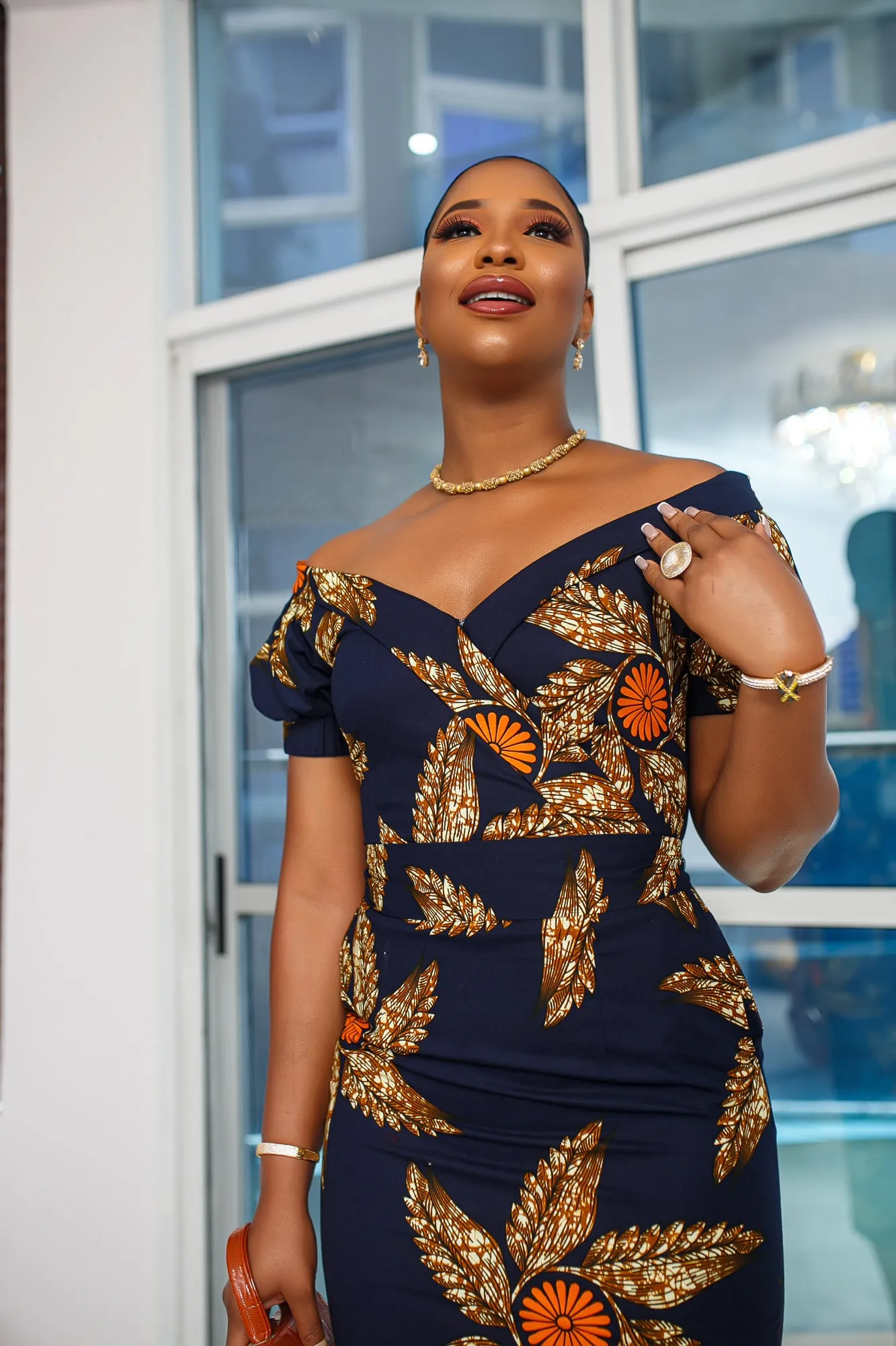 IDIA AFRICAN PRINT OFF SHOULDER MIDI DRESS [NAVY BLUE]