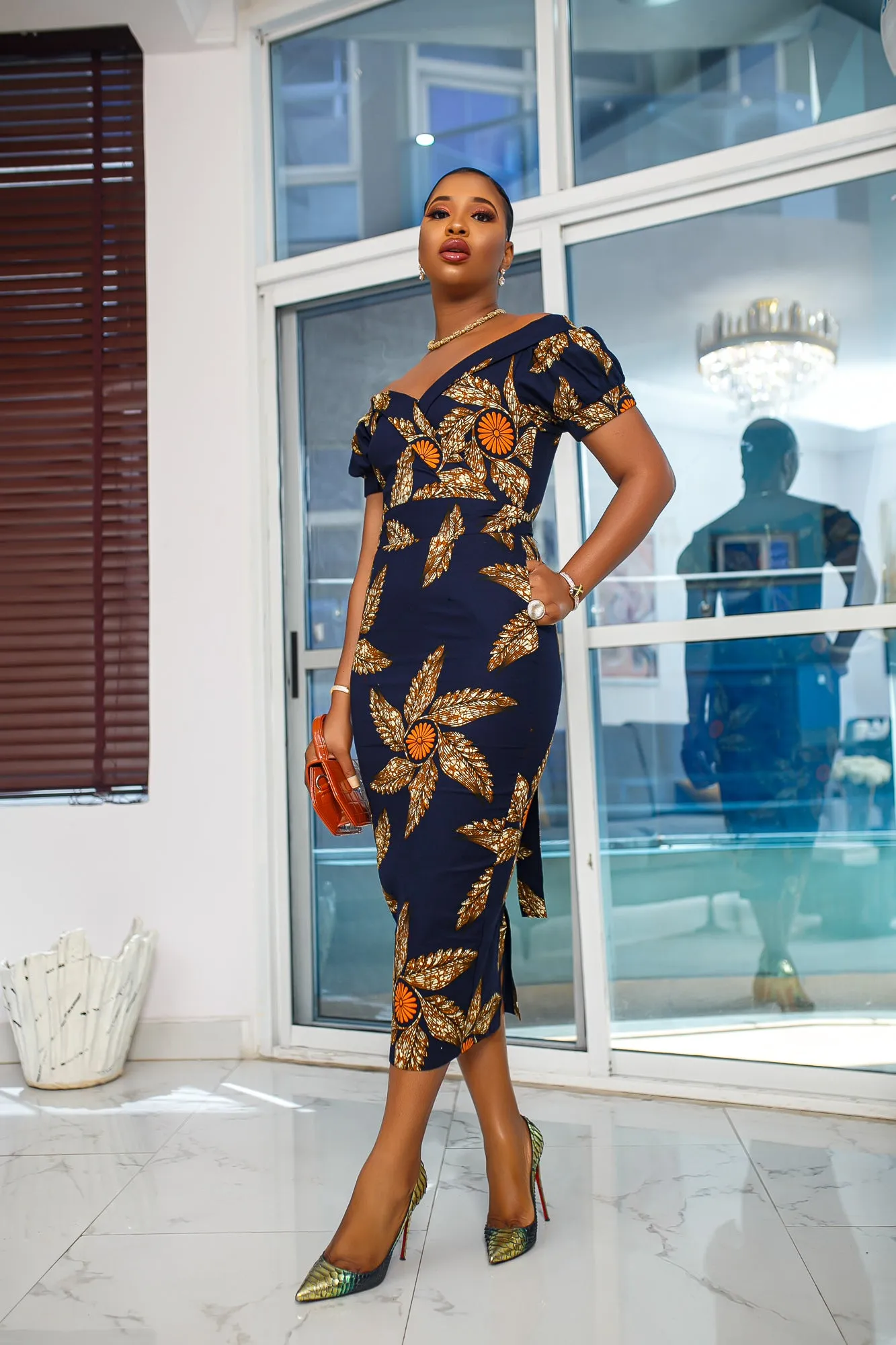 IDIA AFRICAN PRINT OFF SHOULDER MIDI DRESS [NAVY BLUE]