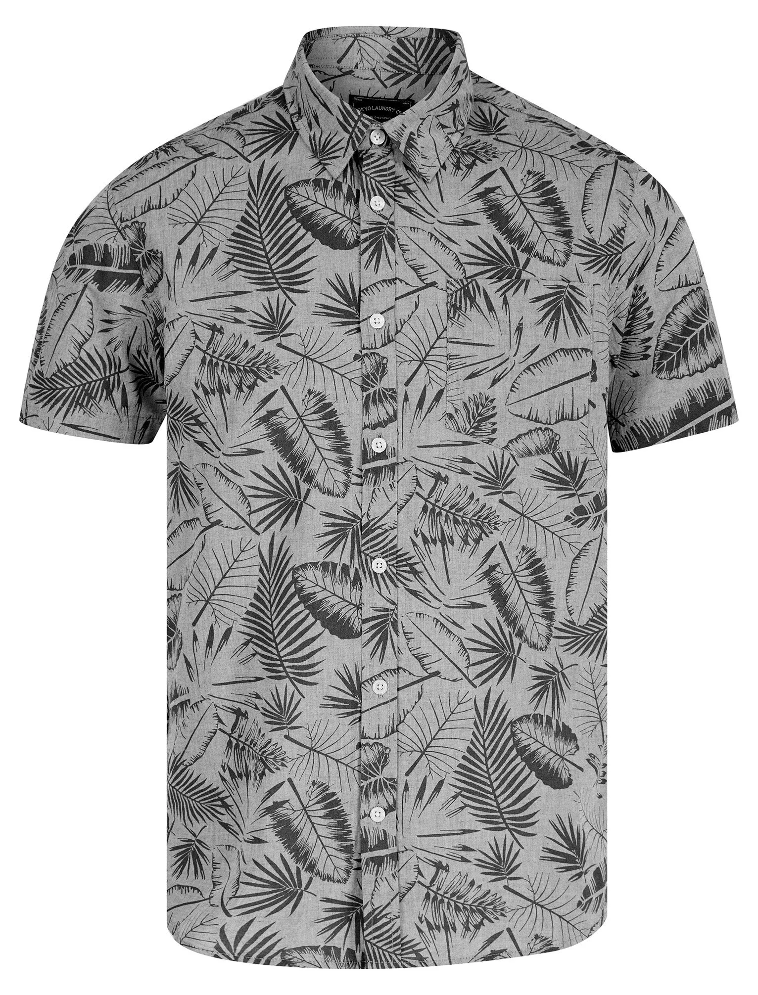 Kaveri Palm Leaf Print Short Sleeve Cotton Chambray Shirt in Light Grey - Tokyo Laundry