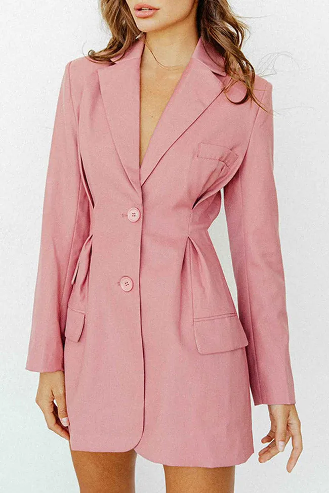 Long Sleeve Pleated Waist Lapel V Neck Mini Blazer Dress - Pink