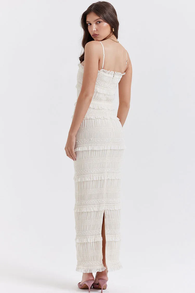 Luxury Layered Ruffle Spaghetti Strap Smocked Pleated Evening Maxi Dress - Ivory