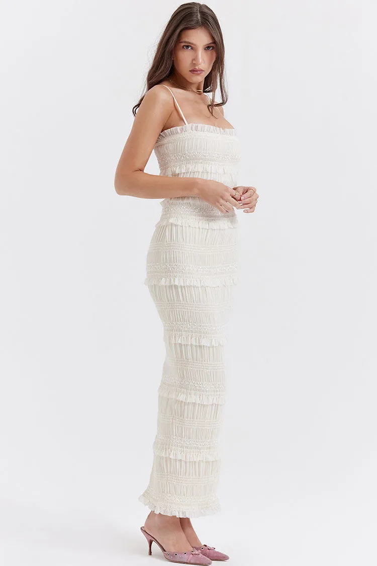 Luxury Layered Ruffle Spaghetti Strap Smocked Pleated Evening Maxi Dress - Ivory