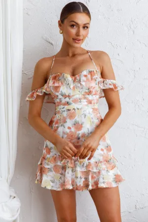 Matilda Frill Trim Off-Shoulder Mini Dress Floral Print Orange