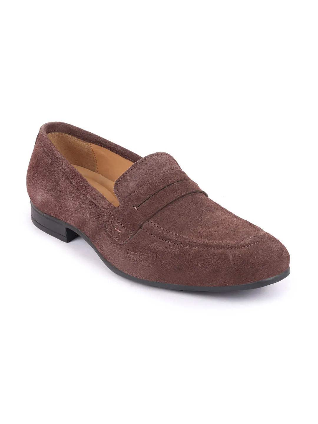 Men Brown Suede Leather Outdoor Penny Loafer Shoes