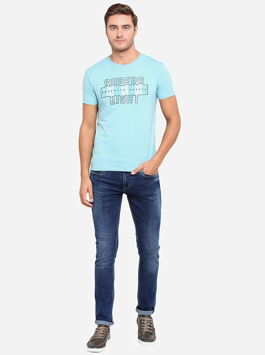 Mint Blue Printed Slim Fit T-Shirt | JadeBlue