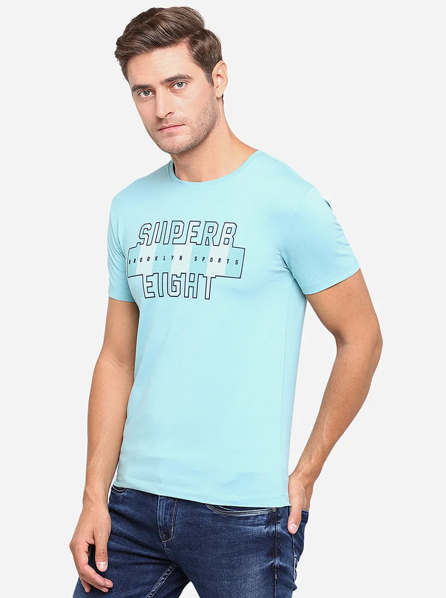 Mint Blue Printed Slim Fit T-Shirt | JadeBlue