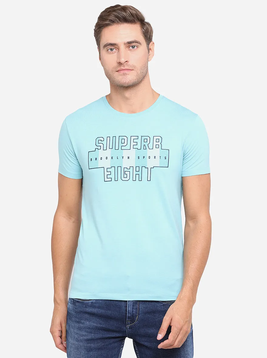 Mint Blue Printed Slim Fit T-Shirt | JadeBlue