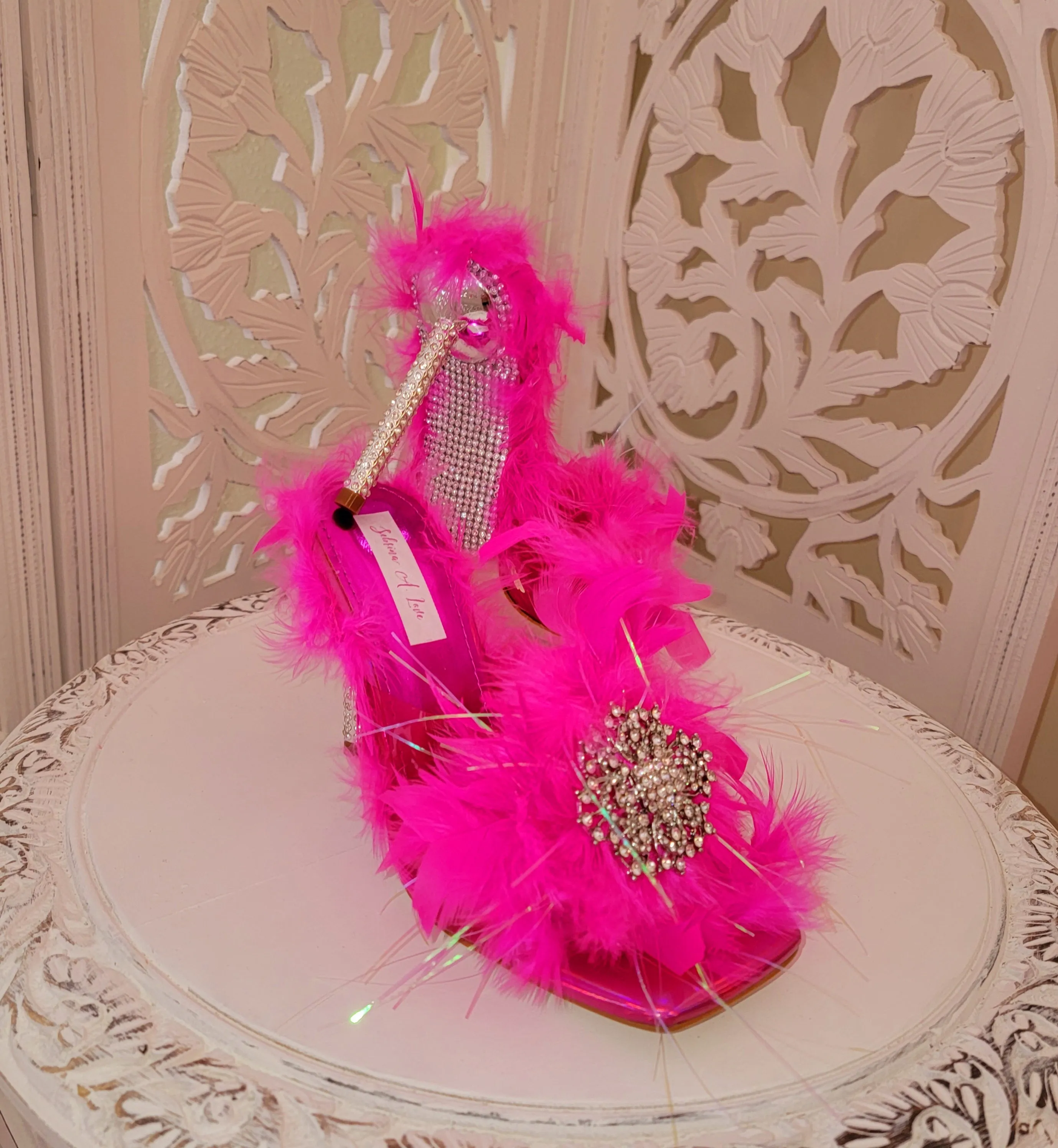 "LAYLA" Hot Pink Crystal Feather Barbielicous Heels