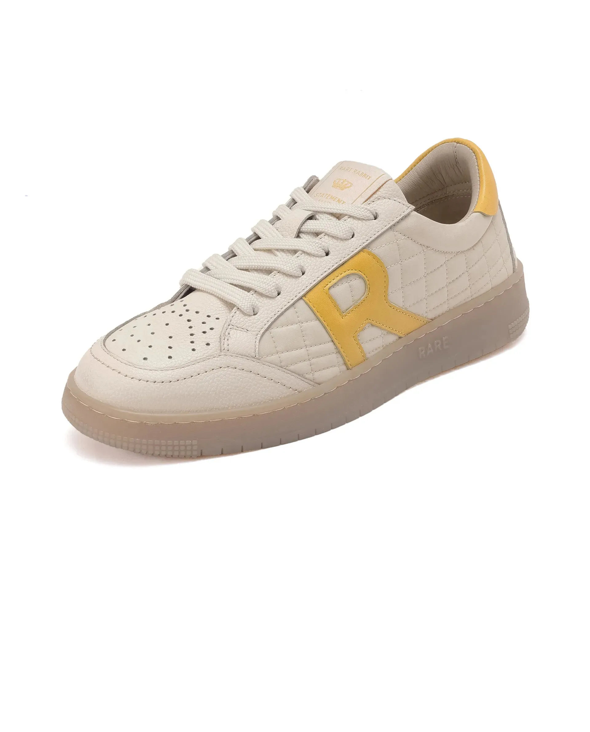 Rare Rabbit Men Quilt Yellow Parachute Fabric with Milled Leather Low-Top Lace Up Quilted Sneaker Shoes Shoes