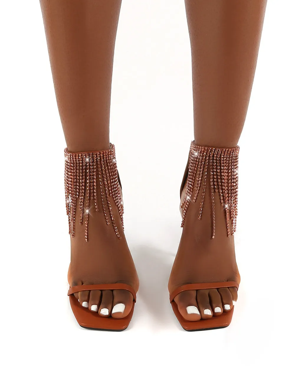 Redemption Tan Diamante Tassel Ankle Square Toe Stiletto Heels