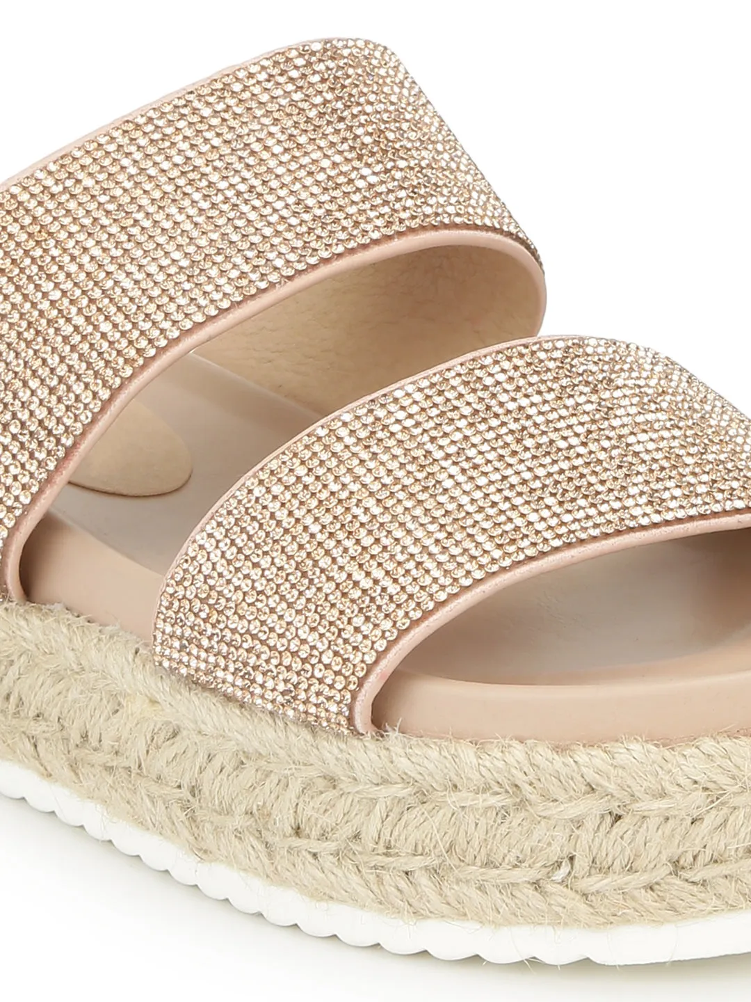 Rose Gold Diamond Wide Double Strap Slip-on Wedges