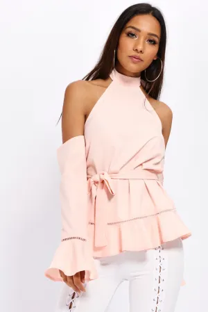 Rose Pink Cold Shoulder Halterneck Top