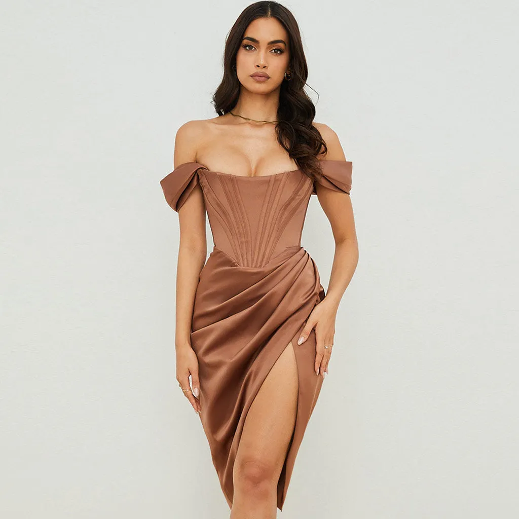 Silky Satin Off Shoulder High Slit Drape Corset Midi Dress - Coffee