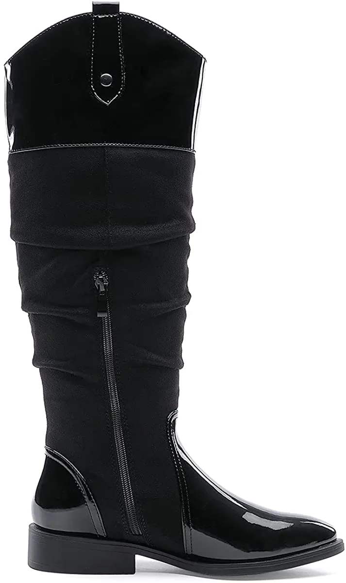 Slouchy Low Block Heel Black Patent Knee High Boots