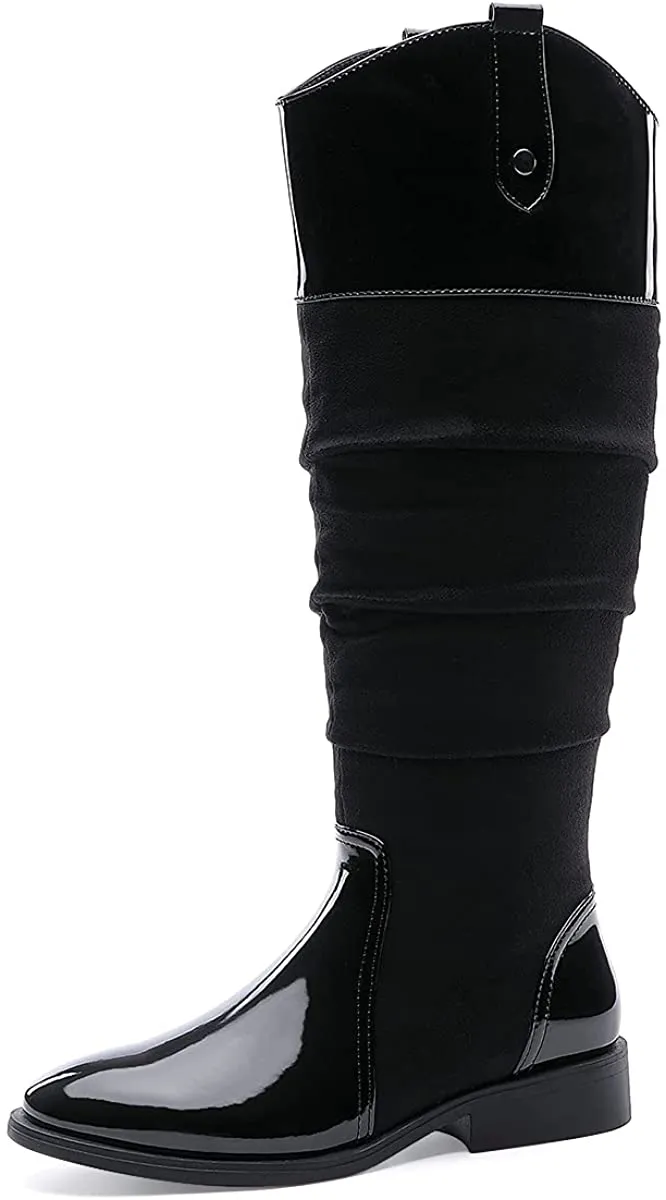 Slouchy Low Block Heel Black Patent Knee High Boots