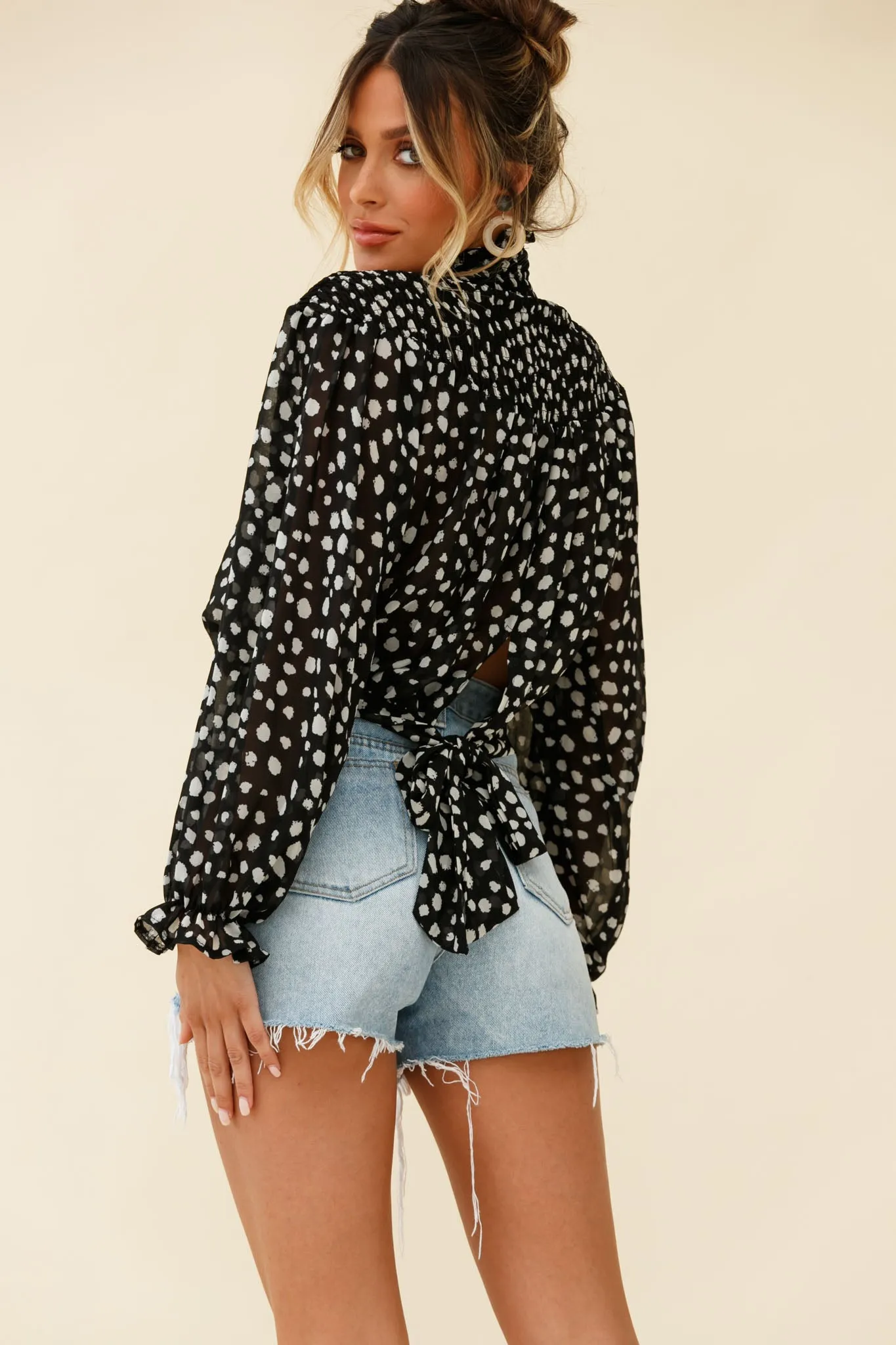 Sparrow High Neck Shirred Blouse Spot Print Black